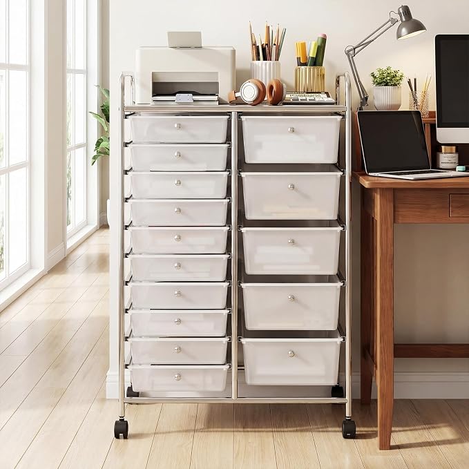 DREAMADE 15-Drawer Rolling Storage Cart, Mobile Craft Cart, Clear | Utility Organizer with Lockable Wheels, Removable Plastic Drawers and Metal Frame for Home Office, Classroom and Studio - Image 2