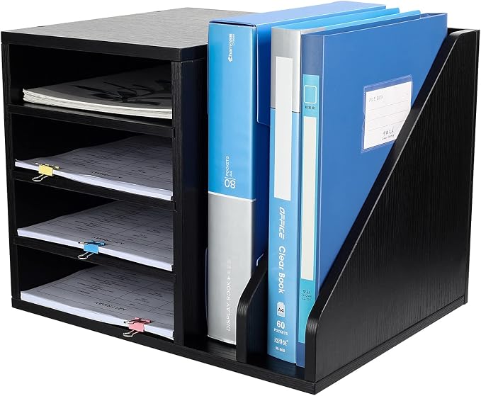 Wood Desktop File Holder Organizer Mail Sorter for File Folders, Mails, Envelopes, Mailing Supplies or Magazines, Black by PAG