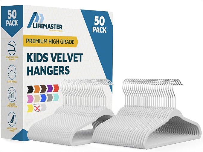White Velvet Kids Hangers 50 Pack, 10.83" Non-Slip Baby & Toddler Hangers for Clothes, Space-Saving Slim ABS Plastic with 360° Swivel Hook & Notched Shoulders, Up to 10 lb Capacity by LIFEMASTER