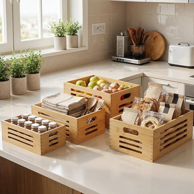 ANMINY Wood Storage Bins Crates, Nesting 4PCS, Sturdy Mortise-Tenon Joint | Natural Bamboo Boxes Bins with Built-in Handles, Sturdy Corner Joints, Hollow Stripe Design, Nestable for Pantry Shelf - Image 2