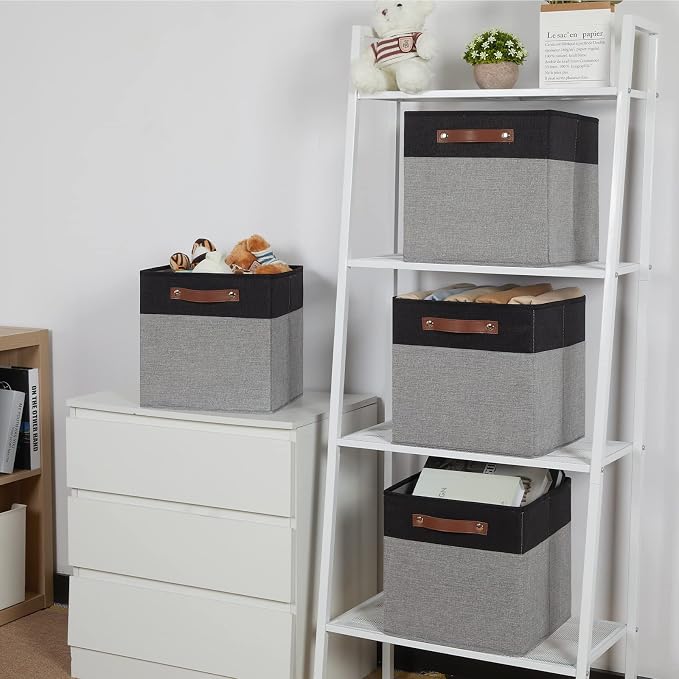 Temary Fabric Cube Storage Bins 12 Inch Decorative Storage Cubes Baskets 4 Pack Foldable Cube Storage Bins for Closet, Shelves (Black&Grey) - Image 5