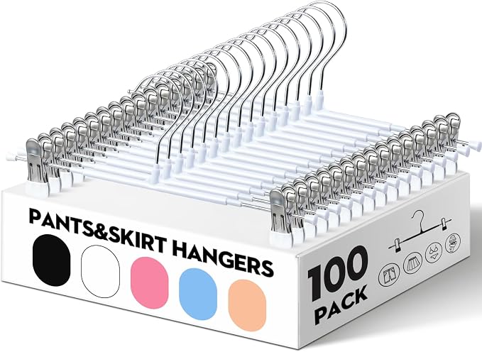 HUADYMEET 14 Inch Heavy Duty Pants Skirt Hangers with Clips,White,100 Pack | Metal,Space Saving,Adjustable,Hanger for Jeans Shorts Clothes Slacks Trousers,For Adult Men Women Children, Non Slip by HUADYMEET