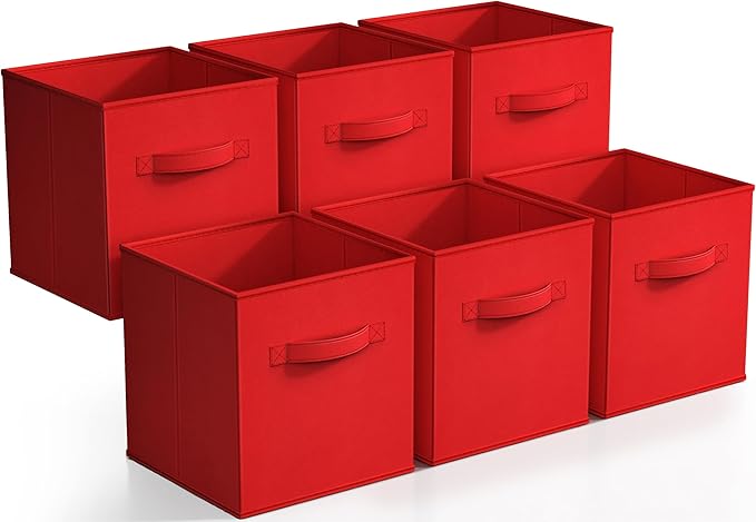 Sorbus Foldable Storage Cubes - 6 Fabric Baskets for Organizing Pantry, Shelf, Toy Box, Cubby, Closet Organizer - 11 Inch Collapsible Closet Organizers and Storage Bins - Red Storage Cubes with Handle by Sorbus