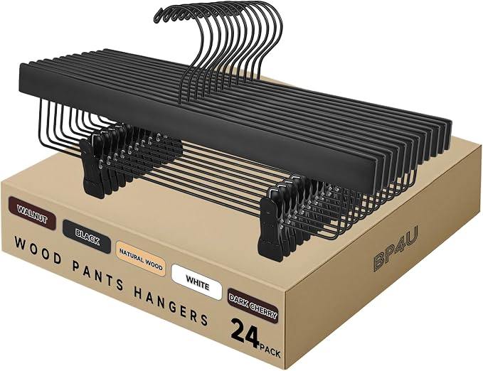 14" Wood Pants Hangers with Adjustable Non-Slip Clips, Black, 24-Pack | Solid Wood Material, Bottom Hangers with 360° Swivel Hook, Space Saving Hangers for Skirts, Slacks, Trousers, Jeans by BP4U%E2%84%A2