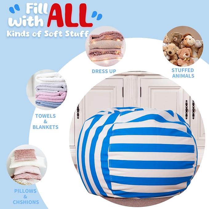 Wekapo Stuffed Animal Storage Bean Bag Chair Cover for Kids | Stuffable Zipper Beanbag for Organizing Children Plush Toys Large Premium Cotton Canvas (Blue, X-Large) - Image 5