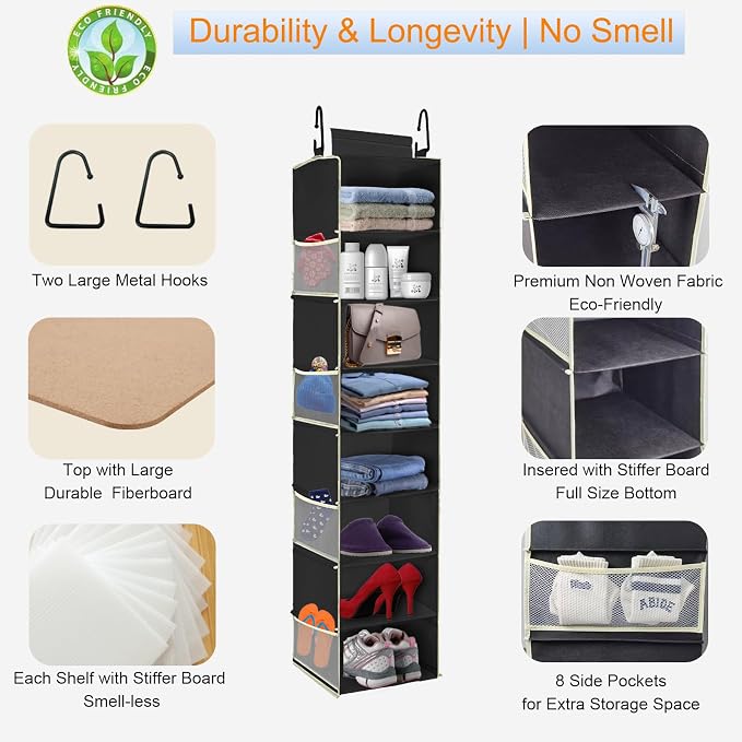 2 Pack Large-Sized Hanging Shoe Organizer 8-Shelf, Hanging Closet Organizer with 8 Side Pockets, Wider Hanging Shelves for Storage Shoes Clothes 9" W × 11.8" D× 48" H, Black. - Image 5