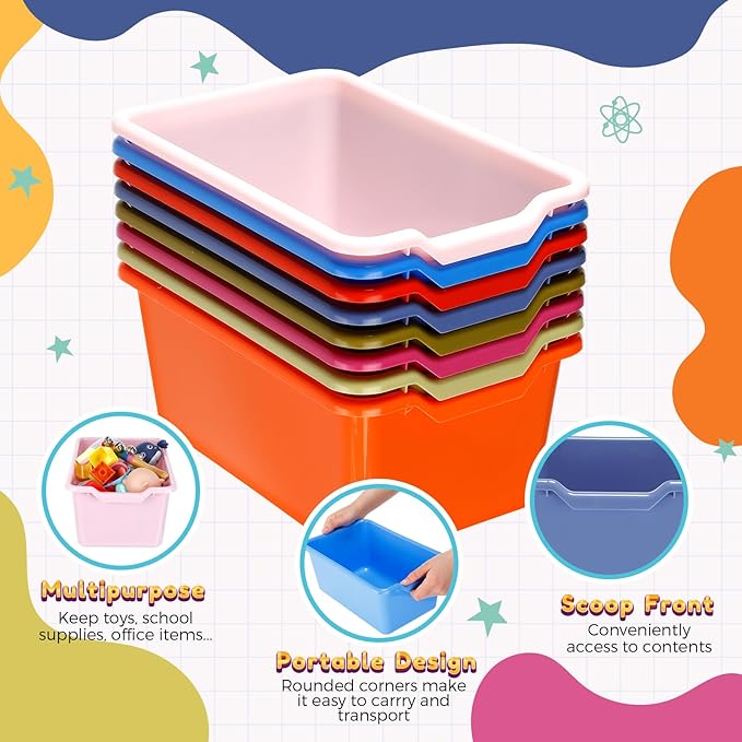 16 Pcs Cubby Bins for Classroom Plastic Book Bins,Vintage Color | Storage Bins for Classroom Library, Plastic Stackable Toy Tubs Containers for School Office Home Nursery Playroom - Image 2