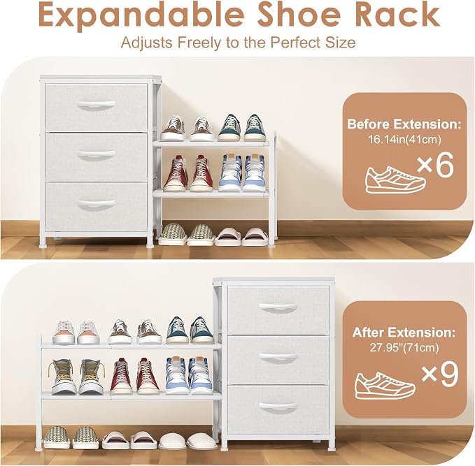 Cidaziya Expandable Closet Organizers and Storage, White Fabric Storage Dresser, 3 Drawer Dresser, Clothes Shelves for Kids, Purse Organizer Small Shoe Rack for Closet Bedroom(31.29~43.42 in) - Image 9