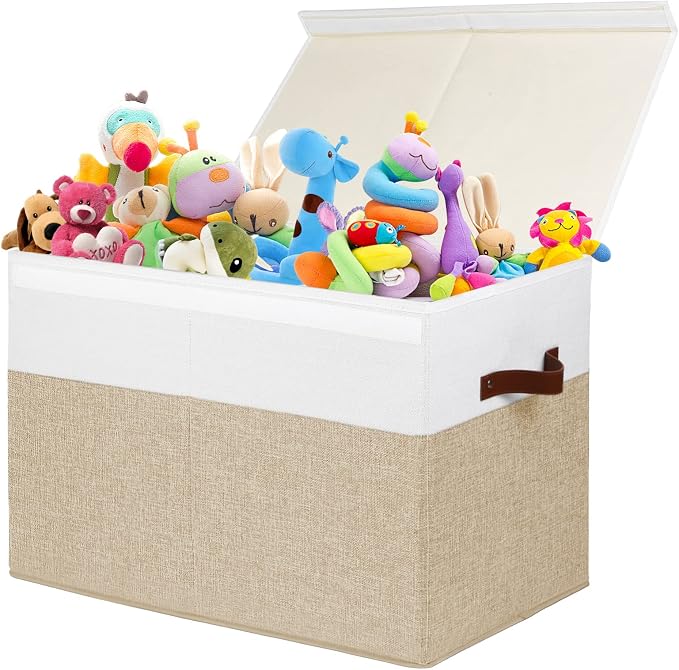 Large Toy Storage Box with Lid, Toy Chest Bin Boxes Basket with Dividers | Sturdy Toy Organizer Bin for Kids, Boys, Girls, Nursery, Living Room, Bedroom, Playroom 25"x13" x16" (Beige and White) by Gowee