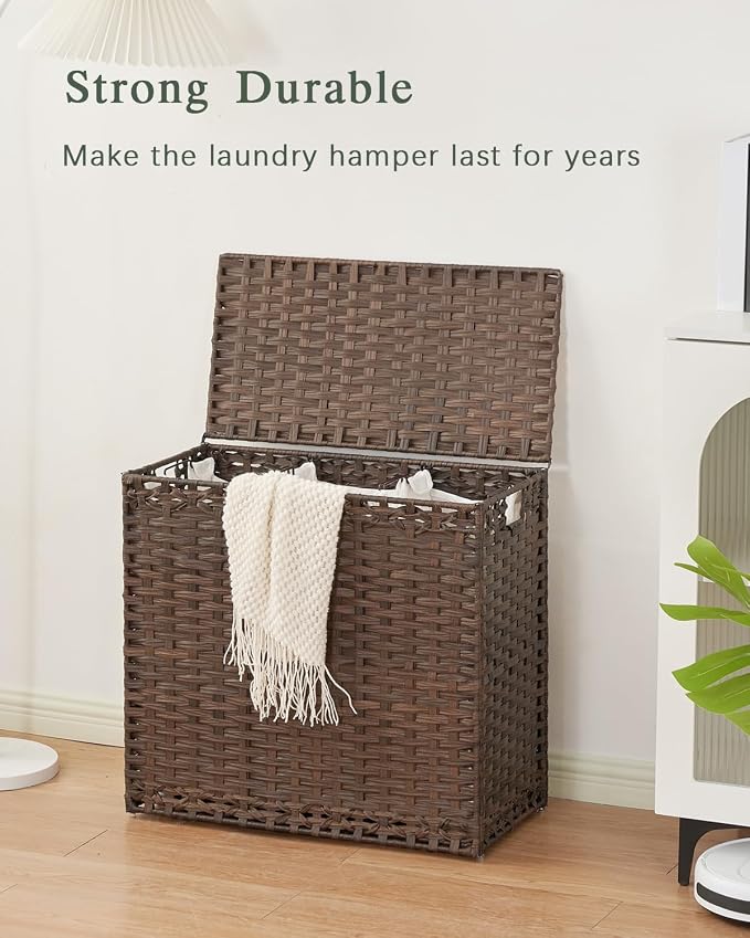 SETVSON Laundry Hamper with Lid Laundry Basket 132 L PE Rattan, Brown | Decorative PE Rattan Furniture Look for Bedroom, Large Sorting Hamper with Lid, 4 Liners, 6 Mesh Bags, Steel Frame - Image 7