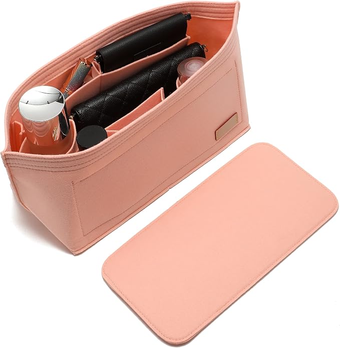 Purse Organizer Insert for Handbags & Base Shaper 2pc Set, Felt Neverfull PM Organizer Insert, Tote Bag Organizer with Zipper Pocket and Bottle Holder, Fit Neverfull PM and More, Pink-M by Doxo