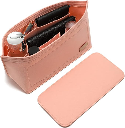 Purse Organizer Insert for Handbags & Base Shaper 2pc Set, Felt Neverfull MM Organizer Insert, Tote Bag Organizer with Zipper Pocket and Bottle Holder, Fit Speedy 30 Neverfull MM and More,Pink-L by Doxo