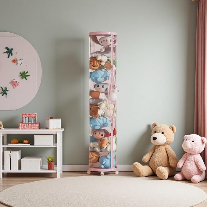 Upgraded Stuffed Animal Storage Tube,Tall (150cm) Plush Organizer with 4 Wheels, PET Clear Bucket & Double Zipper, Space-Saving Toy Storage for Kids Room, Tidy Zoo Bin for Stuffed Animals (Pink) - Image 6