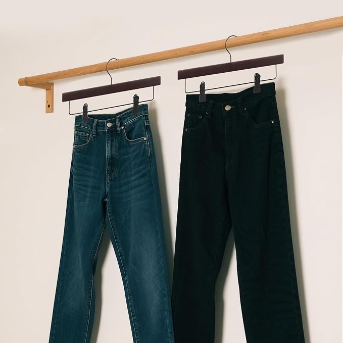 14" Wood Pants Hangers, Adjustable Non-Slip Clip, Dark Cherry, 24-Pack | Solid Wood Material, Bottom Hangers with 360° Swivel Hook, Space Saving Hangers for Skirts, Slacks, Trousers, Jeans - Image 7