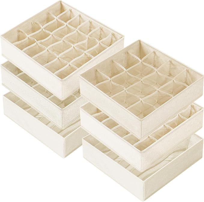 6 Pcs Drawer Organizer Clothes - 90 Cells Closet Organizers and Storage for Baby Nursery - Washable Fabric Dresser Organizer Dividers for Sock Underwear Bra Dorm Room Essentials (Beige) by Criusia