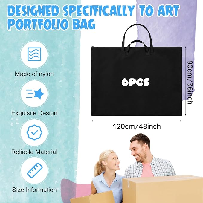 Abbylike 6 Pcs 48 x 36 Inch Art Portfolio Bag Large Waterproof Nylon Carry Case Shoulder Strap Poster Board Painting Drawing Sketch Storage Artist Portfolio for Artwork Gift Supplies(Black) - Image 2