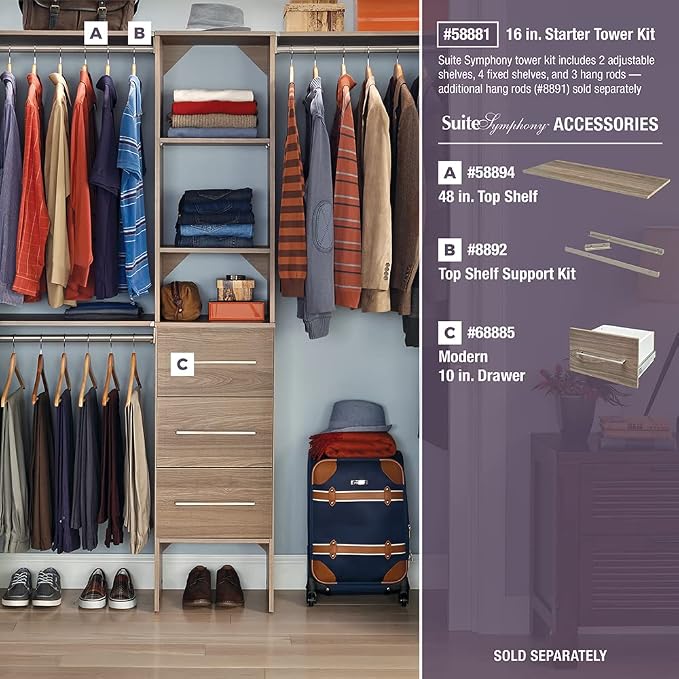 ClosetMaid SuiteSymphony Wood Closet Organizer Starter Kit with Tower and 3 Hang Rods, Shelves, Adjustable, Fits Spaces 4 – 9 ft. Wide, Natural Gray - Image 6