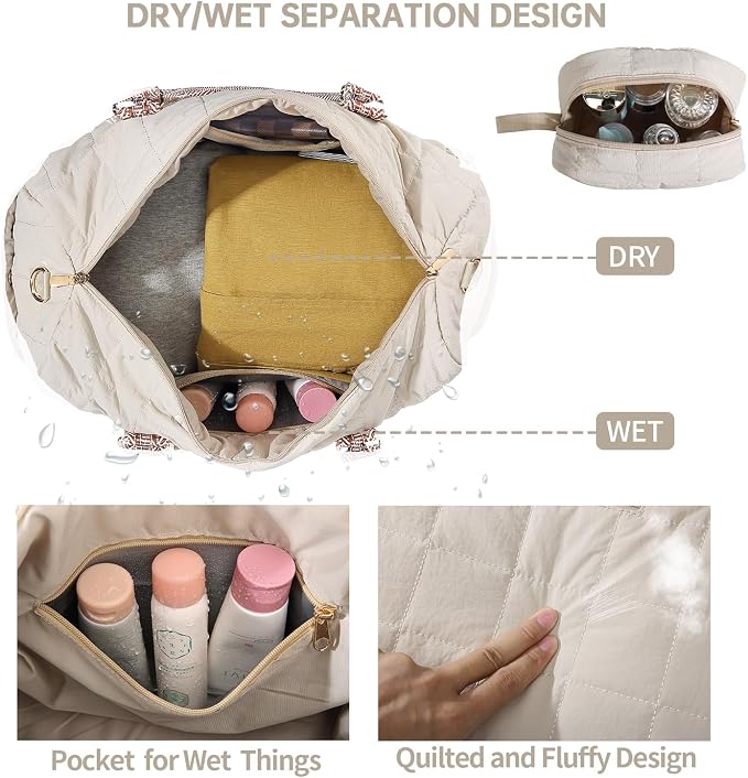 Duffle Bag for Travel, Weekender Bag with Shoe Compartment, Carry On Overnight Bag for Women with Toiletry Bag, Gym Bag with Wet Pocket, Hospital Bags for Labor and Delivery Beige - Image 5