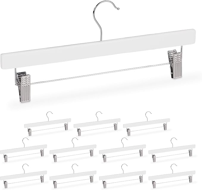 Relaxdays Wooden Pants Hangers Set of 12, Adjustable Coated Clamps, 360° Swivel Hooks, 35.5 cm Wide, White by Relaxdays