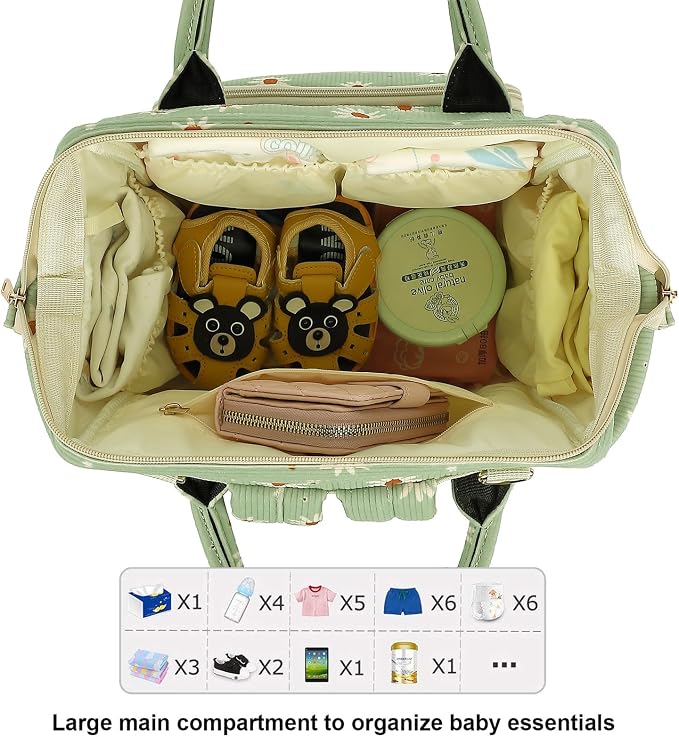 Corduroy Diaper Bag Backpack for Baby Girls Boys, Women Large Nappy Bags for Mom (Green Corduroy Daisy) - Image 5