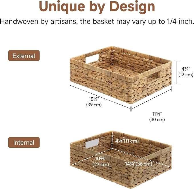 StorageWorks Wicker Storage Baskets for Shelves, Pantry Baskets, 1-Pack | Water Hyacinth Pantry Baskets for Organizing, Wicker Storage Baskets for Organizing, Woven Baskets, 15¼"L x 11¾"W x 4 ¾"H - Image 2