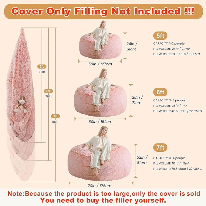 Giant Bean Bag Chair Cover(No Filler), Bean Bag Couch Cover Without Filler Included, Beanbag Chairs for Adults Teens Kids, Anti-Slip, 6FT, Orange - Image 2