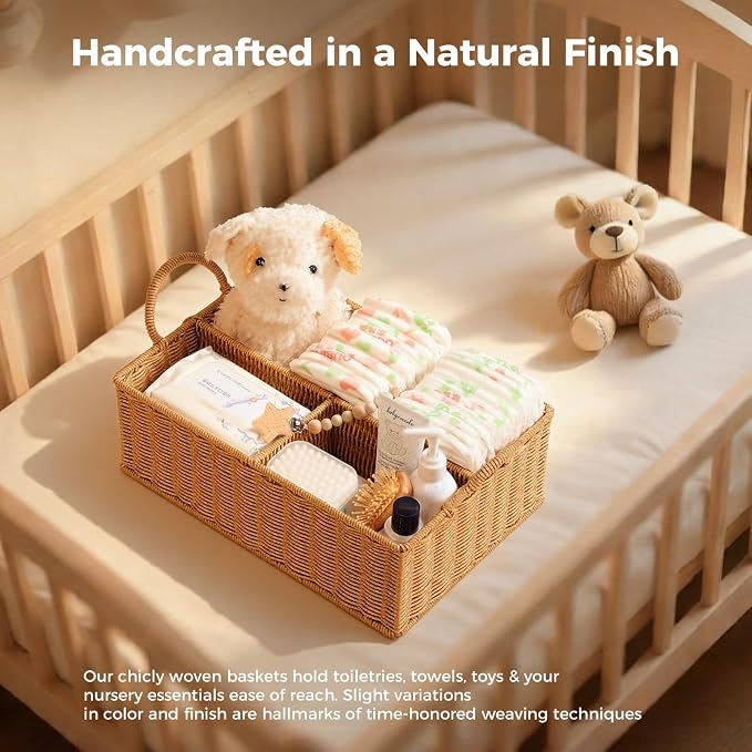 Rattan Diaper Caddy Organizer Changing Table Organizer | Hand Woven Nursery Basket for Baby Essentials, Baby Shower Gifts, Versatile Shelf Basket Bathroom/Kitchen Organizer - Image 3