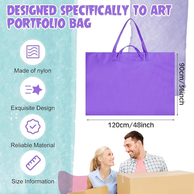 Abbylike 1 Pcs 48 x 36 Inch Art Portfolio Bag Large Size Art Supply Bag with Nylon Shoulder Waterproof Poster Board Painting Drawing Sketch Storage Carry Case for Artwork Gift Supplies (Purple) - Image 2