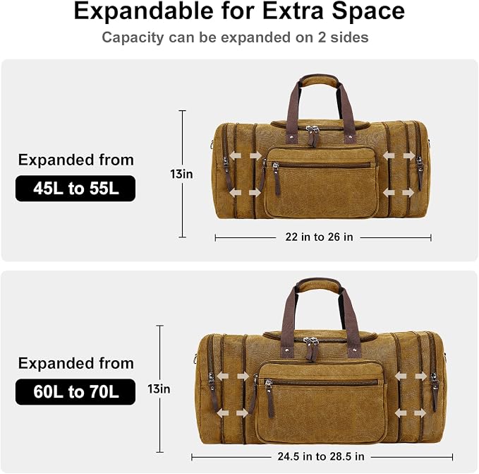 EKOROMIER Large Canvas Duffle Bag for Travel, Expandable 70L Weekender bags | Features Luggage Trolley Sleeve, Multi-Pockets for Traveling, Durable Overnight Carry-On Bag for Men & Women - Camel Brown - Image 4