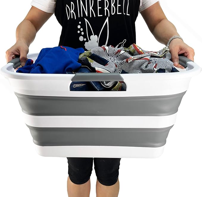 SAMMART Set of 2 Collapsible Plastic Laundry Basket/Organizer-Washing Tub-Foldable Pop Up Storage Container-Space Saving/Portable Hamper. Ideal for Home, Travel, Dorm & Camping (White/Steel Grey, 30L) - Image 7