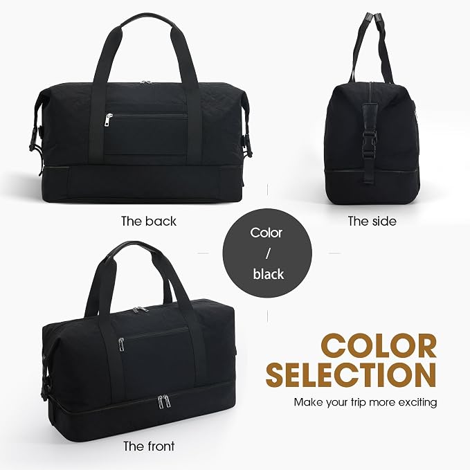 Oeihuivt Weekender Bags for Women with 3 Extra Pack - 21 Inch Large Travel Duffel Bag Set with Shoe Compartment, Heavy-Duty Nylon Carry on Overnight Tote, Black - Image 2