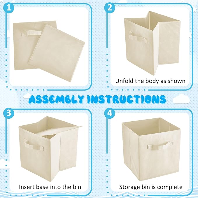 Yinder 12 Pcs Cube Storage Bin Beige 10.5''x10.5''x11'' Storage Bins for Playroom Decor Colorful Bins for Kids Foldable Baskets for Nursery Organizer Boxes Fabric Boxes - Image 6