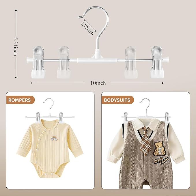 HUADYMEET 10 Inch Kids Pants Skirt Hangers with Clips,Toddler,White,30 Pack | Space Saving,Adjustable,Non Slip,Metal Hanger for Closet Organization Jeans Shorts,For Baby,Toddler,Children - Image 2
