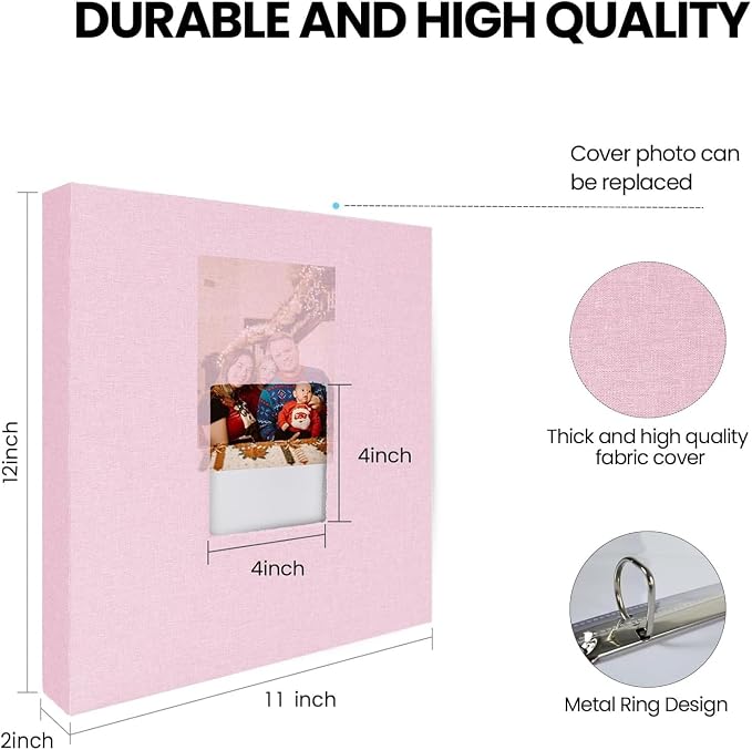 8.5x11 Scrapbook Inch Large 3 Ring DIY Linen Cover Scrap Books with 30 Plastic Sleeves 60 Pages Blank White Inner Pages, 8.5 x 11 Scrapbook Photo Albums for Baby Travel Wedding kids (Pink) - Image 2