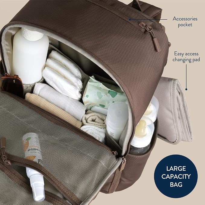 Itzy Ritzy Utility Diaper Bag Backpack, 17 Pockets w/Changing Pad (Mocha) | Travel-Ready Diaper Backpack with 2 Insulated Bottle Holders, Laptop Compartment, Trolley Sleeve, Straps, and Changing Pad - Image 7