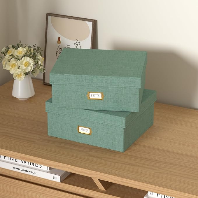 Decorative Photo Storage Box, 2 Pack Linen Photo Box Hold 1700 4x6 Pictures | Photo Storage Containers with 8 Dividers, Memory Keepsake Organizer for Photos, Scrapbook Supplies, Cards, Stamps, Green - Image 6