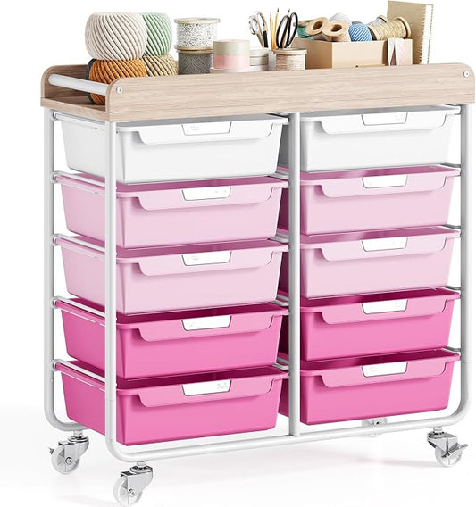 10 Drawers Rolling Cart with Wooden Tabletop, Utility Storage Cart with Wheels, Art Supply Craft Organizer on Wheel with Metal Frame & Handles for Home Office School,Pink | Easy Setup, Large Capacity, Sturdy Build, Lockable Mobility, For office, classr... by APEXCHASER