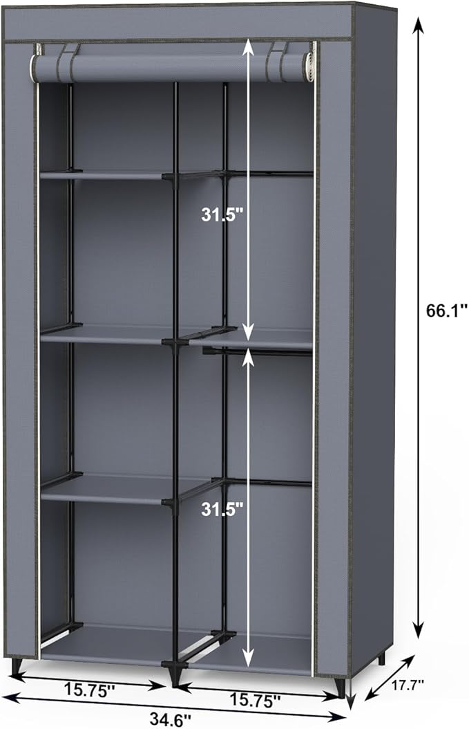 Gray Cover Portable Closet with 6 Shelves & 2 Hanging Rods | Wardrobe closet easy to assemble. Good storage functionality for basic needs. 34.6"×17.7"×66.1". Bedroom, dorm, apartment. - Image 6