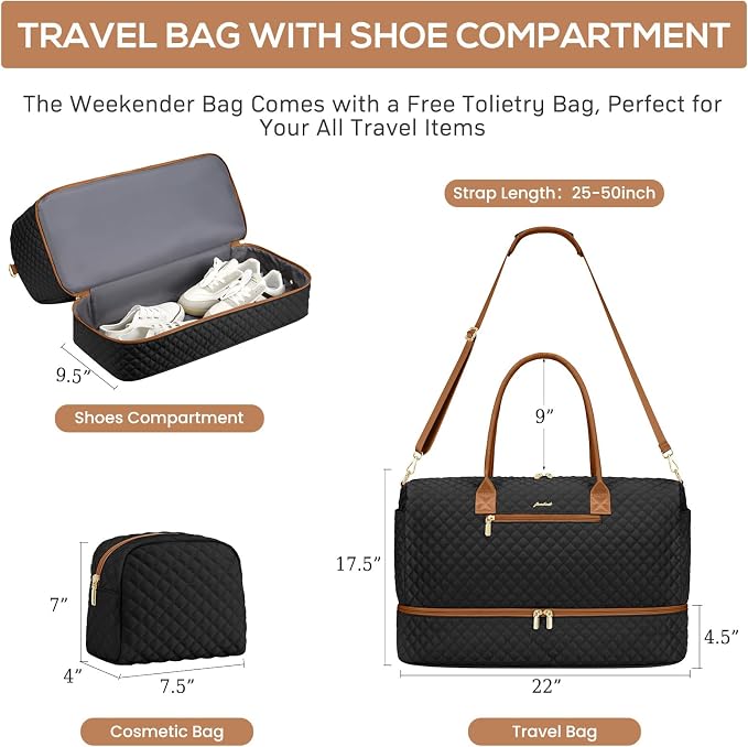 Travel Weekender Duffle Bags for Women - Large Carry On Bag with Shoe Compartment Overnight Bag with Toiletry Bag Duffel Bags with Wet Pocket for Gym Hospital Bags for Labor and Delivery Black Brown - Image 3