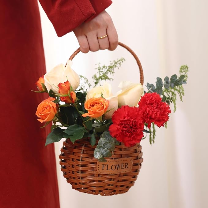 Set of 4 Flower Basket with Handle, QENUIITEA Imitation Rattan Woven Picnic Basket with Plastic Waterproof Lining, Flower Girl Baskets for Wedding Valentine's Day, Storage Basket for Home Decor - Image 9