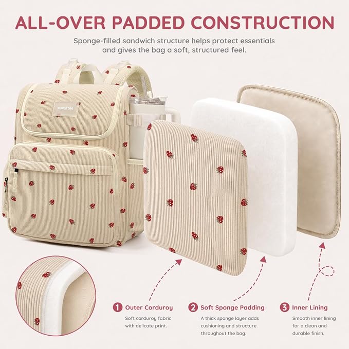 Large Corduroy Diaper Bag Backpack for Mom, 25L Baby Travel Bag with Insulated Bottle Pockets, 40oz Side Strap & Stroller-Ready Straps - Image 7