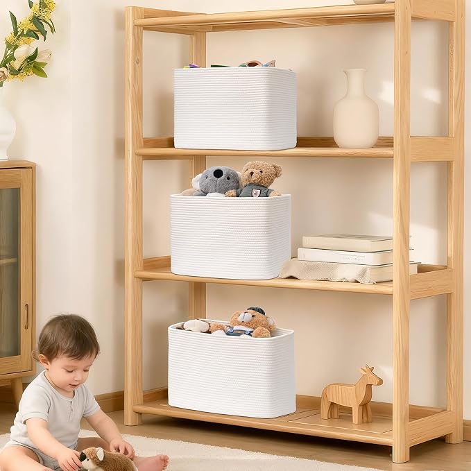 3 Pack Cube Storage Bin, 17”x12”x12” Cotton Rope Woven Baskets for Organizing Toys Clothes Towels, Square Gift Storage Baskets for Shelves, Nursery, Closet, Bathroom, Pantry (White) - Image 7