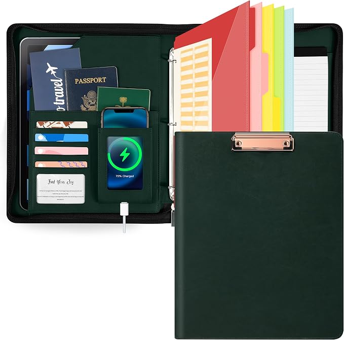 Ospelelf Leather Clipboard with Storage, Zippered Padfolio Portfolio Organizer, 3 Ring Binder 1 Inch, Notepad, Tablet Sleeve, 5 Dividers with Pocket for Office, Nurses,Students, Teachers Green by OspelelfOfficeSupplies