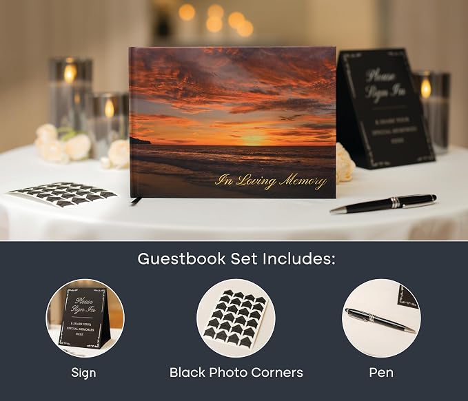 Sunset Hardcover Funeral Guest Book - 9.5 x 7 Celebration of Life Guestbook for Memorial Service with 5x7 Paper Sign, Pen, Black Photo Corner Stickers - Image 4