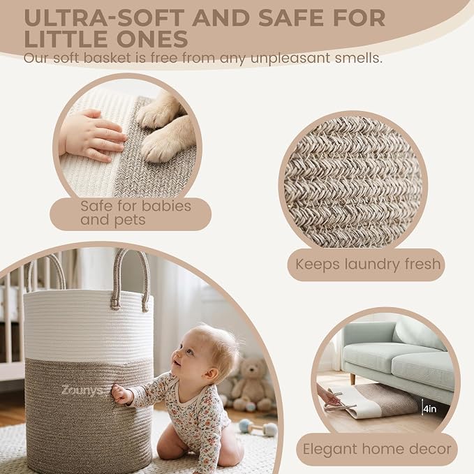 3Pack Large Woven Laundry Basket, 60L Nursery Laundry Basket, Rope Laundry Hamper, Collapsible Laundry Baskets for Blanket Basket Living Room, Bedroom, Bathroom (Khaki) - Image 5
