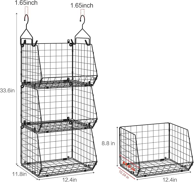 X-cosrack 3-Tier Hanging Closet Organizer, Laundry Room Organization | Space Saving Shelves with 1.65" Hook & 5 S-Hooks | Hanging Wire Baskets (12.4" W x 8.8" H x 10.24-11.8" D) - Image 3
