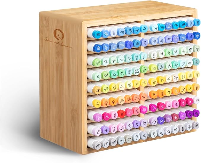 Ohuhu Bamboo Marker Organizer, Wooden Desktop Storage Holds 126 Markers | Markers Pens Pencils Art Brushes Stationary Organizer Pencil Holder with 18 Compartments for Classroom Office Decor Home by Ohuhu