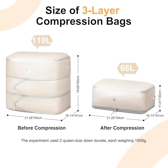 DIMJ Comforter Storage Bag - Large Capacity Ultra Space Saving Self Compression Organize for Duvet, Pillow, Bedding, Blanket Storage Organizer Nylon Compression Bags, Beige, 4 Pack - Image 3