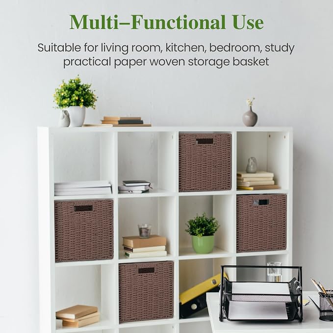 Patvingot 11-Inch Paper Rope Wicker Basket with Built-In Handles,2 Pack | For books, throws and accessories on open shelves, decorative woven texture, metal frame supports the shape, folds flat - Image 6