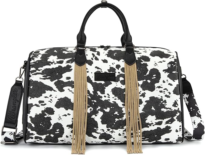 Wrangler Rustler Wildside Cow-Print Weekender Duffel Bag Large Carry On Bags with Tassels, Black by THEOFFICIALMONTANAWEST
